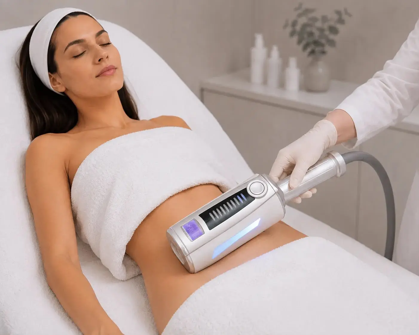An abdominal contouring session with the handpiece worked across the waist